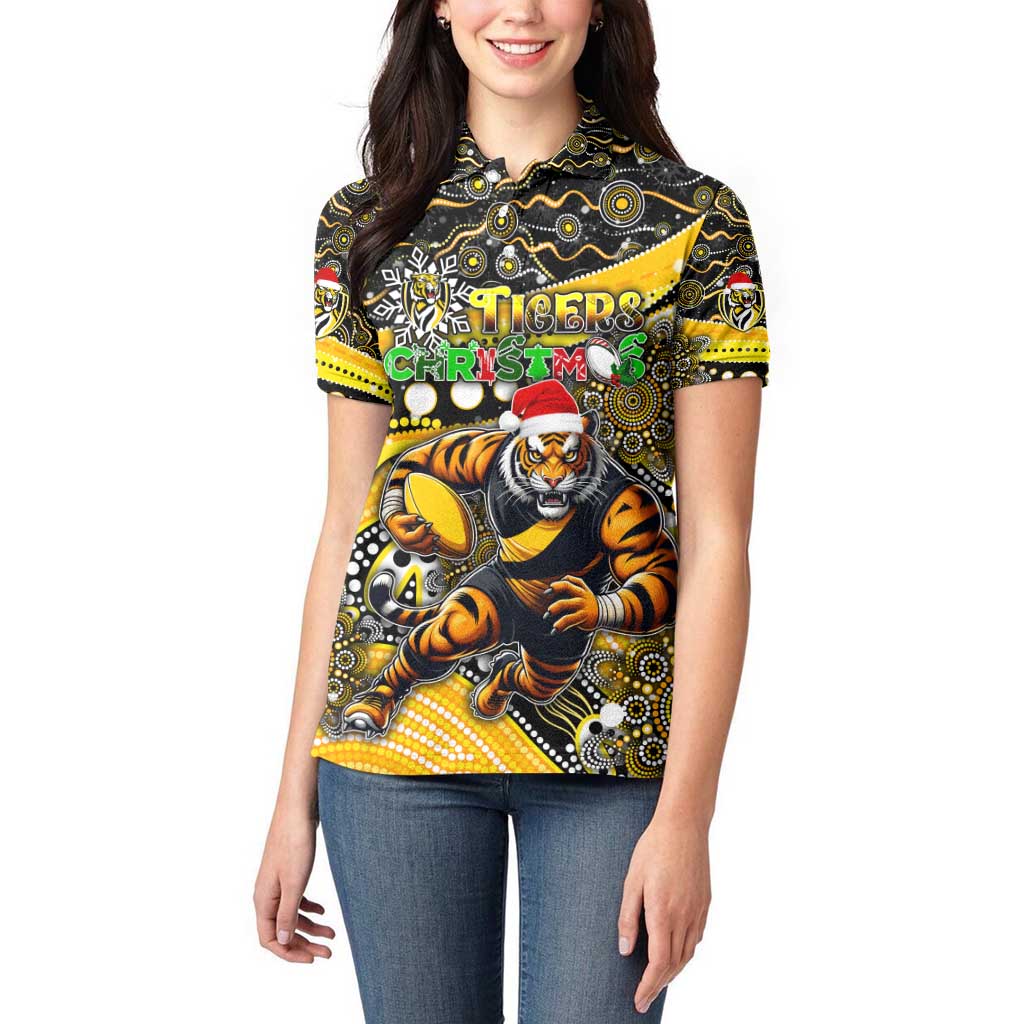 Merry Christmas AFL Richmond Tigers Women Polo Shirt Aboriginal Santa Football Mascot
