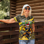 Merry Christmas AFL Richmond Tigers Women Polo Shirt Aboriginal Santa Football Mascot