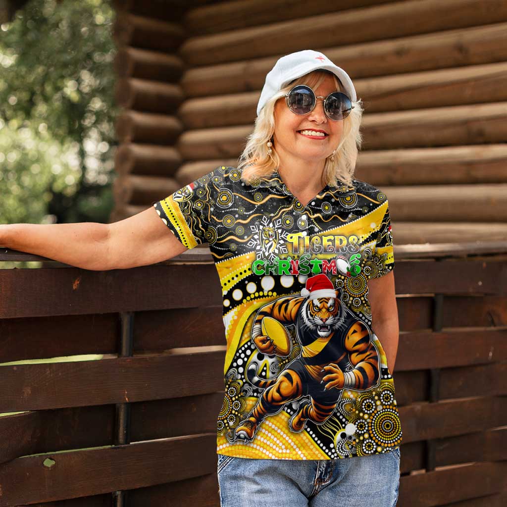 Merry Christmas AFL Richmond Tigers Women Polo Shirt Aboriginal Santa Football Mascot