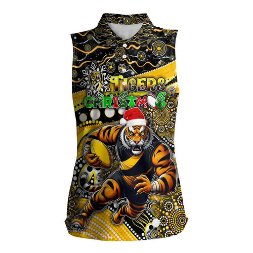 Merry Christmas AFL Richmond Tigers Women Sleeveless Polo Shirt Aboriginal Santa Football Mascot