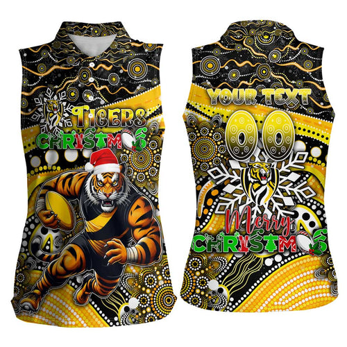 Merry Christmas AFL Richmond Tigers Women Sleeveless Polo Shirt Aboriginal Santa Football Mascot