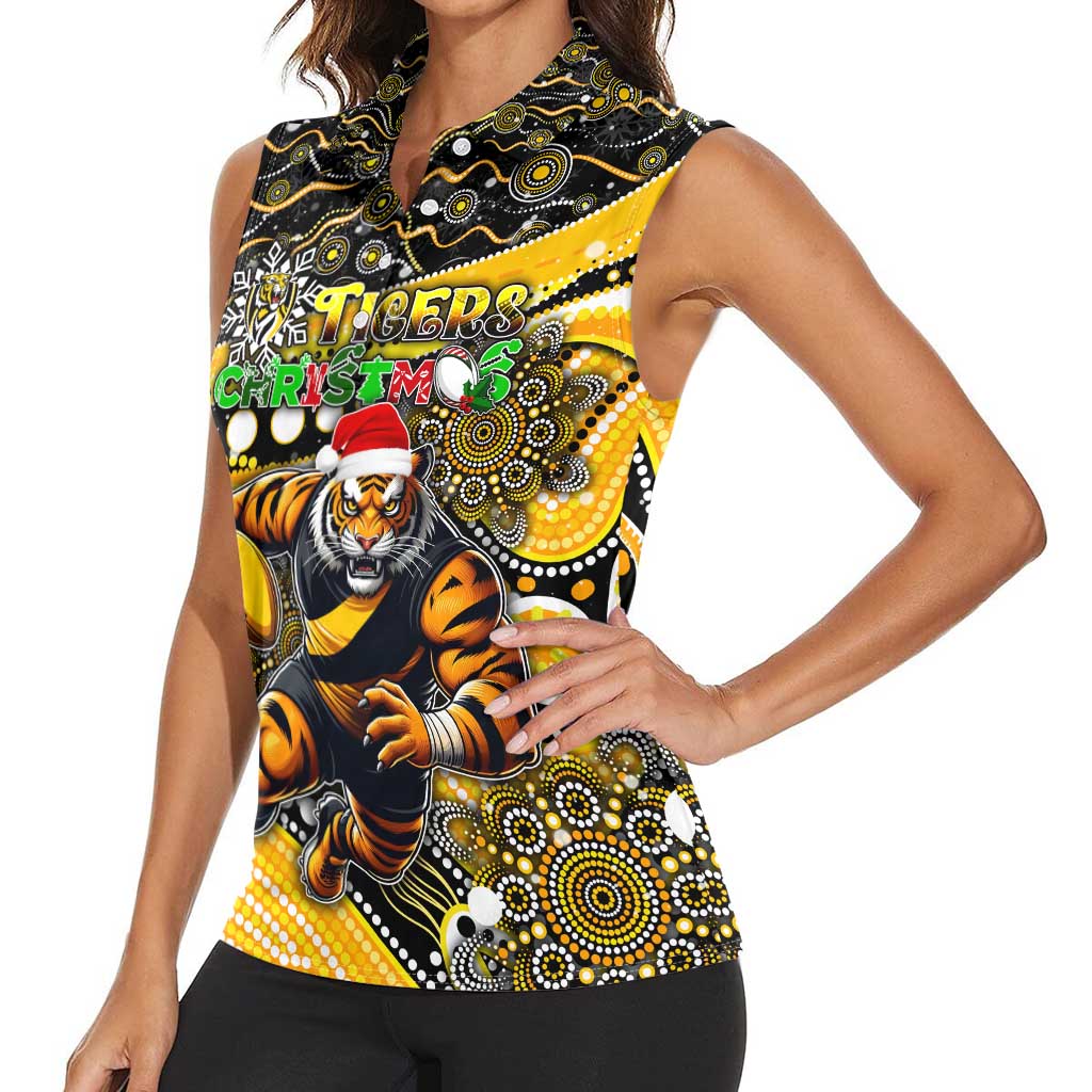 Merry Christmas AFL Richmond Tigers Women Sleeveless Polo Shirt Aboriginal Santa Football Mascot