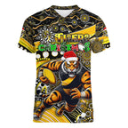 Merry Christmas AFL Richmond Tigers Women V-Neck T-Shirt Aboriginal Santa Football Mascot