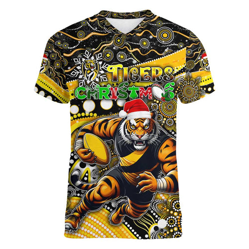 Merry Christmas AFL Richmond Tigers Women V-Neck T-Shirt Aboriginal Santa Football Mascot