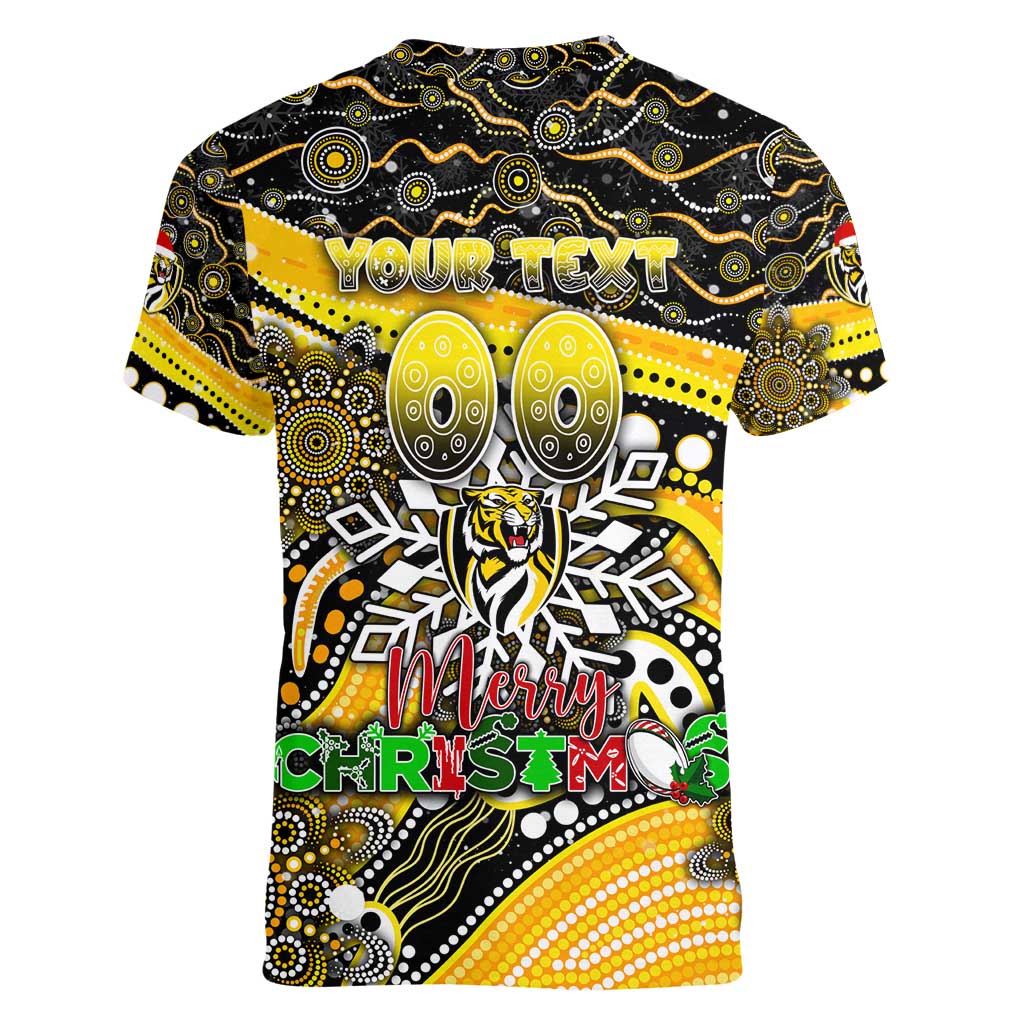 Merry Christmas AFL Richmond Tigers Women V-Neck T-Shirt Aboriginal Santa Football Mascot
