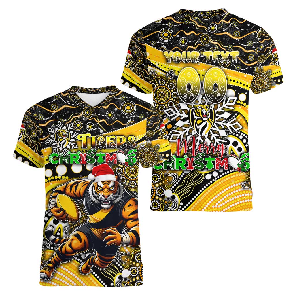 Merry Christmas AFL Richmond Tigers Women V-Neck T-Shirt Aboriginal Santa Football Mascot