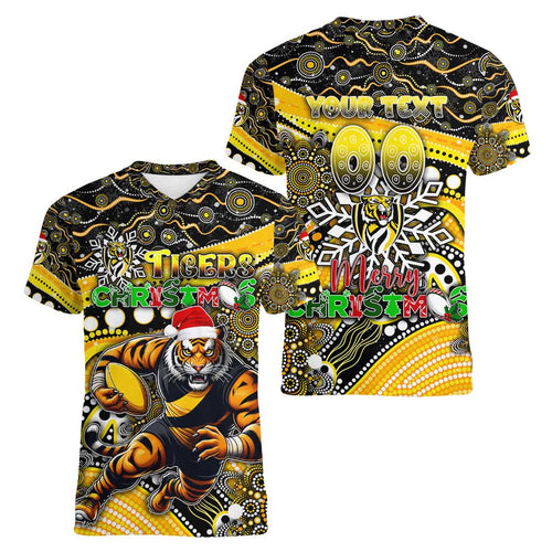 Merry Christmas AFL Richmond Tigers Women V-Neck T-Shirt Aboriginal Santa Football Mascot