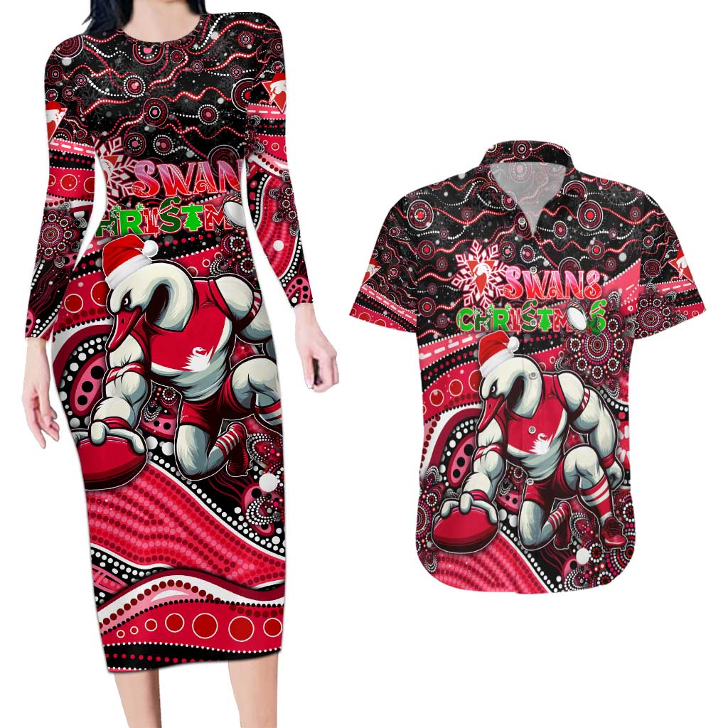 Merry Christmas AFL Swans Couples Matching Long Sleeve Bodycon Dress and Hawaiian Shirt Aboriginal Santa Football Mascot DT02