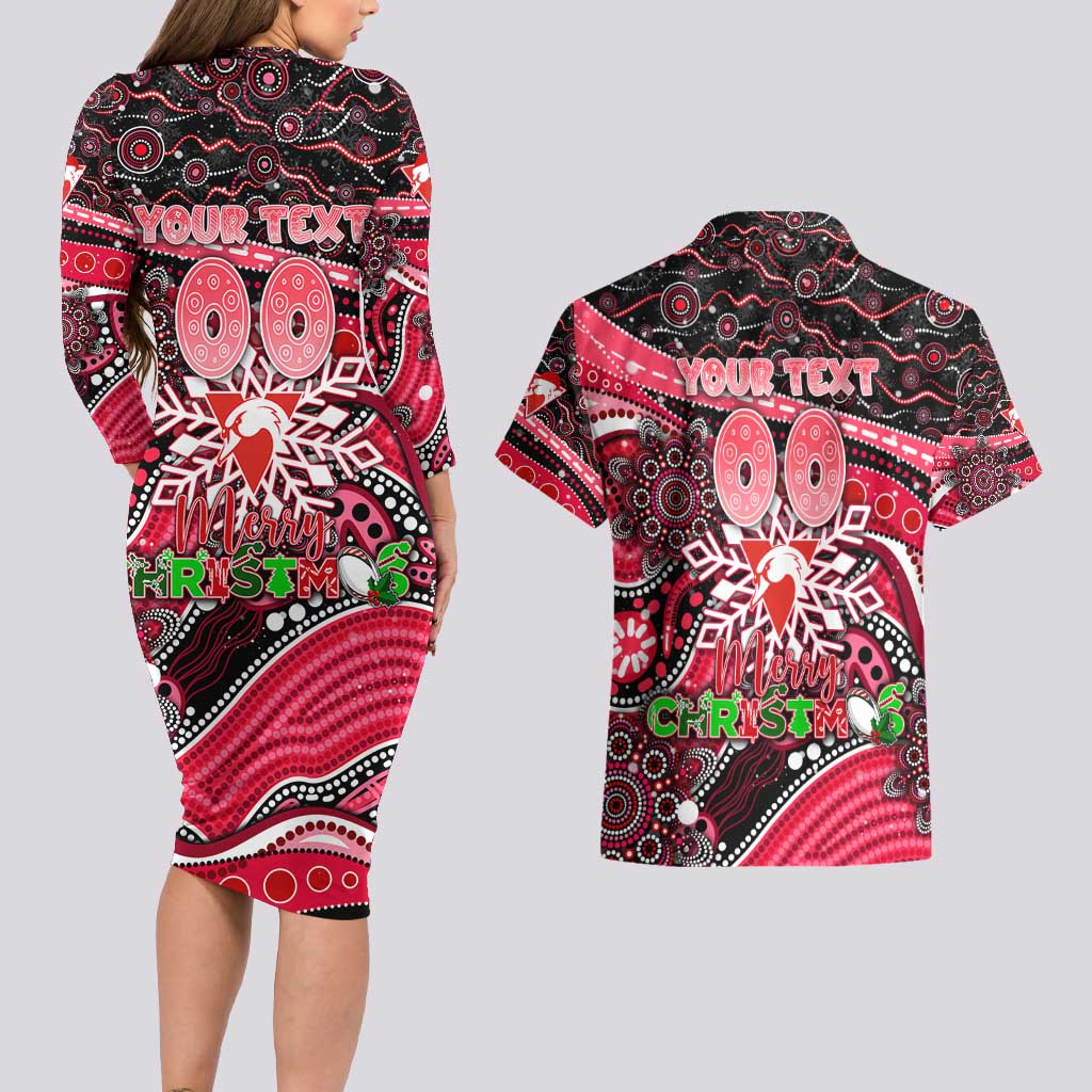 Merry Christmas AFL Swans Couples Matching Long Sleeve Bodycon Dress and Hawaiian Shirt Aboriginal Santa Football Mascot DT02