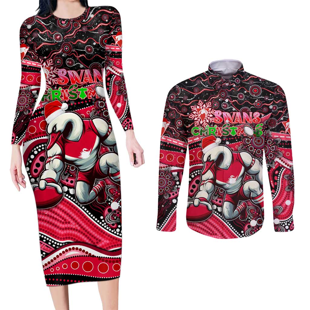 Merry Christmas AFL Swans Couples Matching Long Sleeve Bodycon Dress and Long Sleeve Button Shirt Aboriginal Santa Football Mascot DT02
