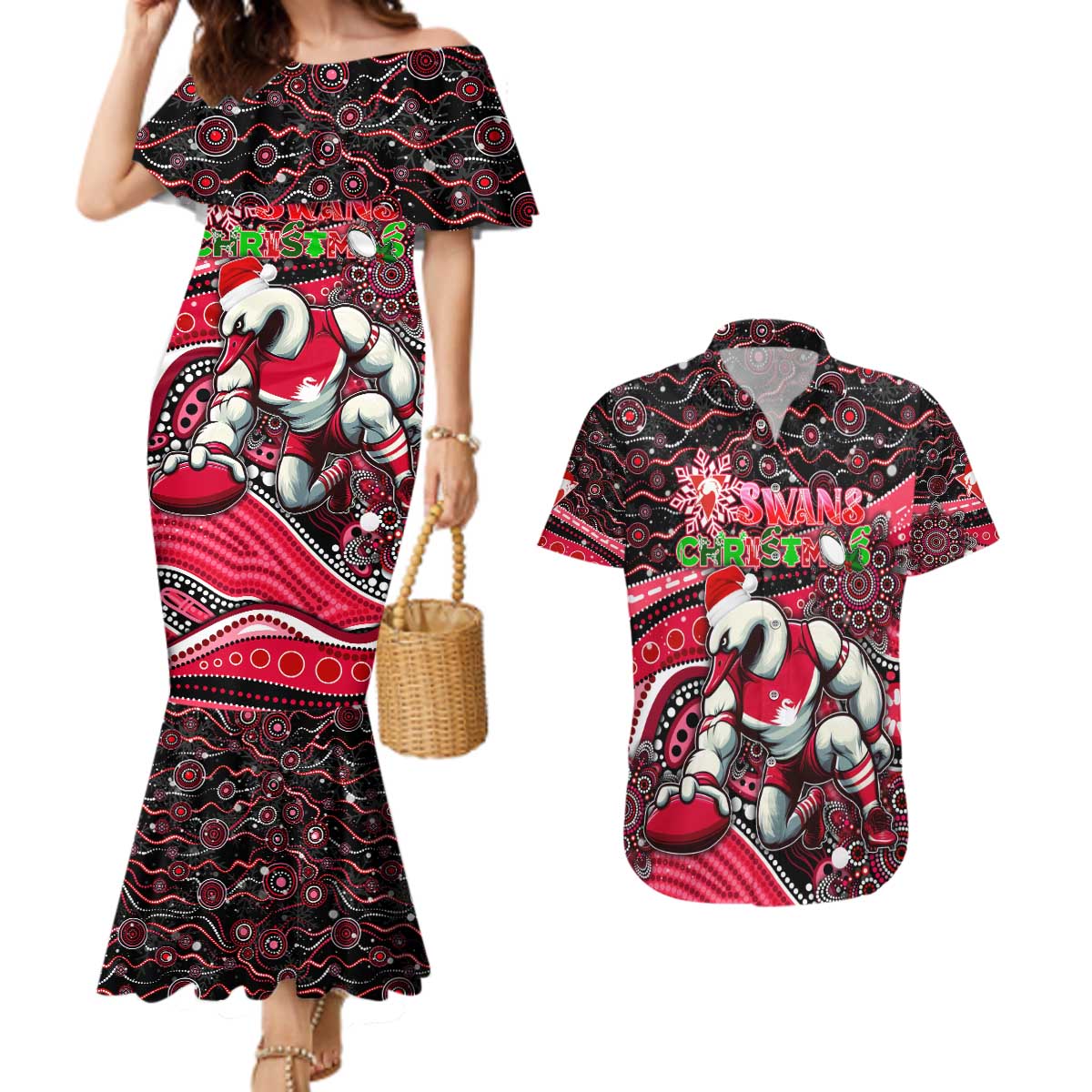 Merry Christmas AFL Swans Couples Matching Mermaid Dress and Hawaiian Shirt Aboriginal Santa Football Mascot DT02