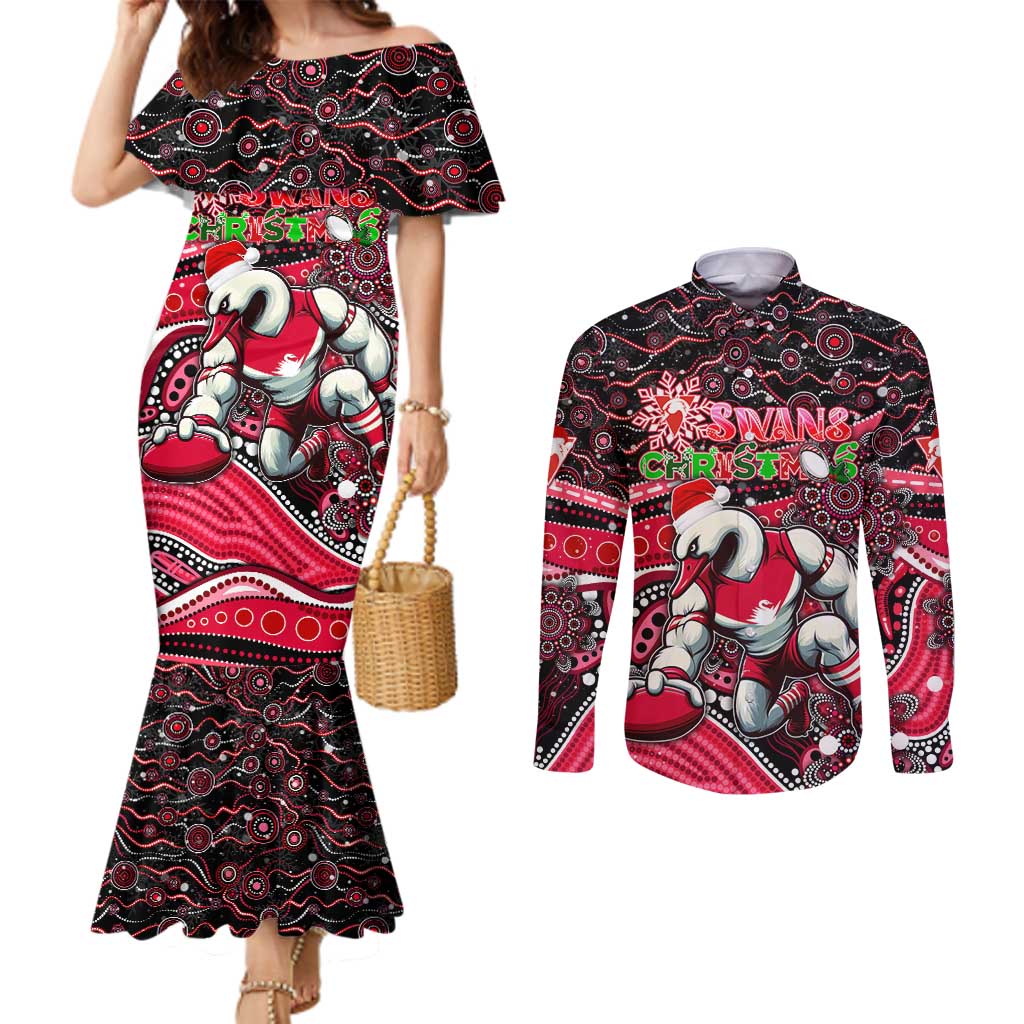 Merry Christmas AFL Swans Couples Matching Mermaid Dress and Long Sleeve Button Shirt Aboriginal Santa Football Mascot DT02