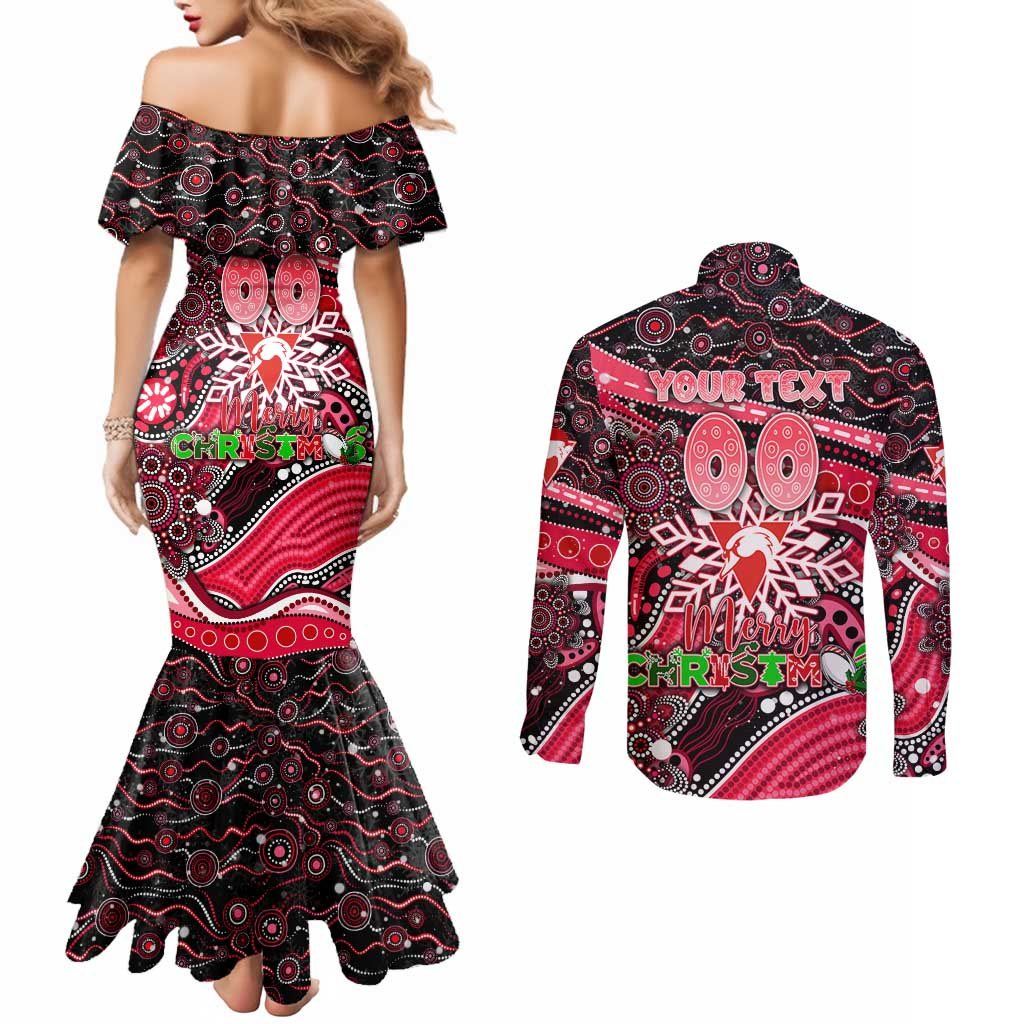 Merry Christmas AFL Swans Couples Matching Mermaid Dress and Long Sleeve Button Shirt Aboriginal Santa Football Mascot DT02