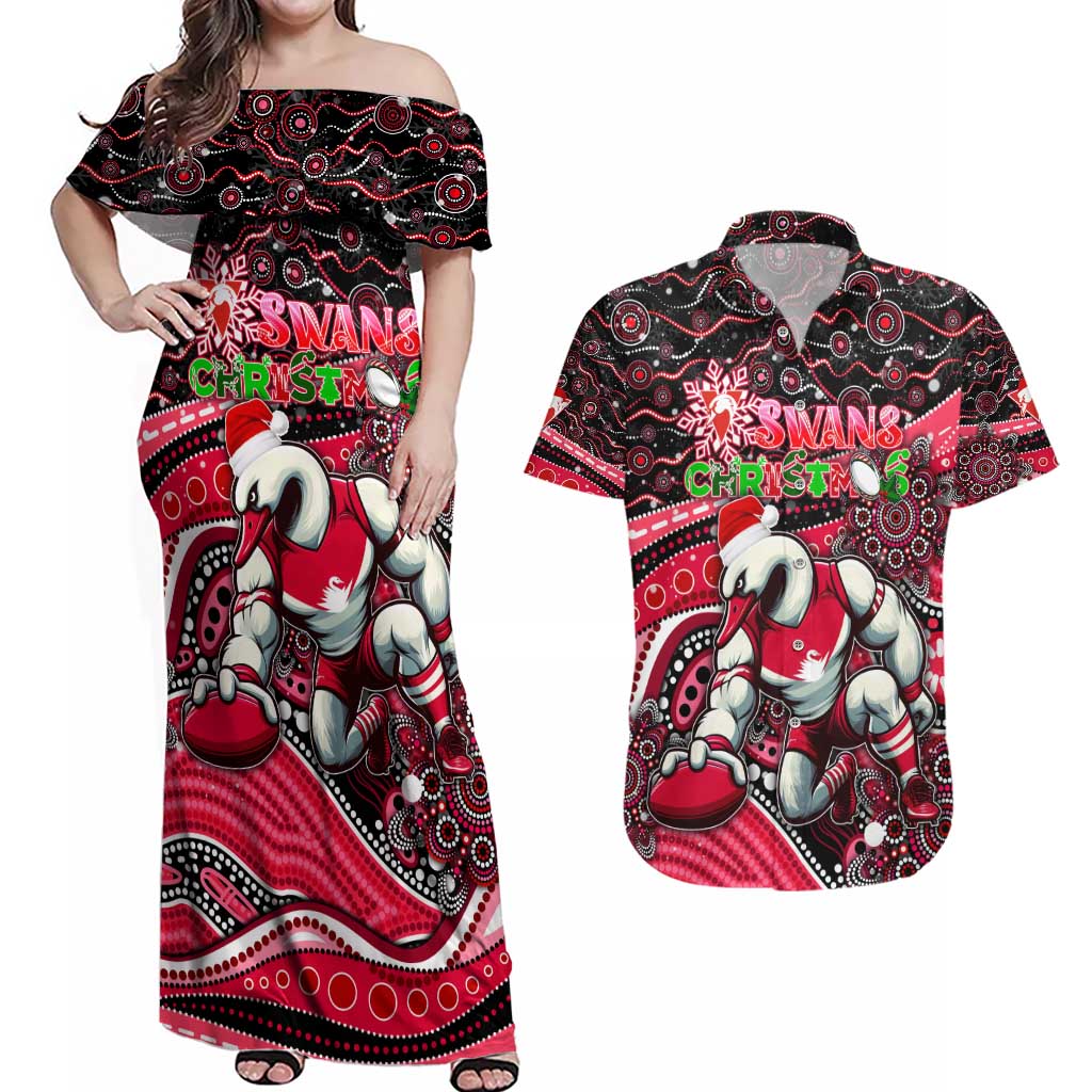 Merry Christmas AFL Swans Couples Matching Off Shoulder Maxi Dress and Hawaiian Shirt Aboriginal Santa Football Mascot DT02