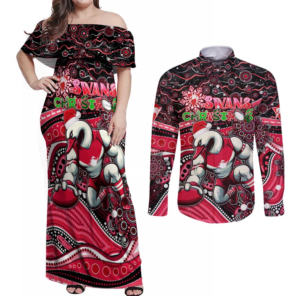 Merry Christmas AFL Swans Couples Matching Off Shoulder Maxi Dress and Long Sleeve Button Shirt Aboriginal Santa Football Mascot DT02