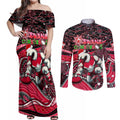 Merry Christmas AFL Swans Couples Matching Off Shoulder Maxi Dress and Long Sleeve Button Shirt Aboriginal Santa Football Mascot DT02