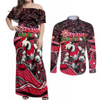 Merry Christmas AFL Swans Couples Matching Off Shoulder Maxi Dress and Long Sleeve Button Shirt Aboriginal Santa Football Mascot DT02
