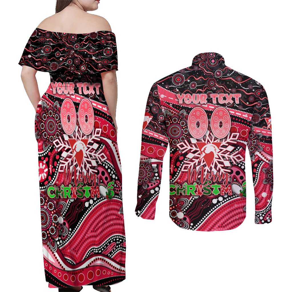 Merry Christmas AFL Swans Couples Matching Off Shoulder Maxi Dress and Long Sleeve Button Shirt Aboriginal Santa Football Mascot DT02