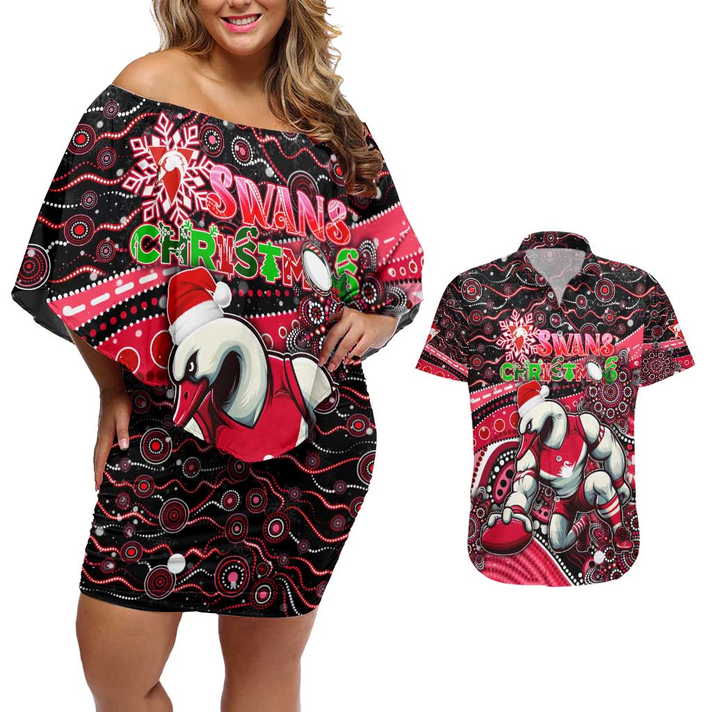 Merry Christmas AFL Swans Couples Matching Off Shoulder Short Dress and Hawaiian Shirt Aboriginal Santa Football Mascot DT02