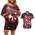 Merry Christmas AFL Swans Couples Matching Off Shoulder Short Dress and Hawaiian Shirt Aboriginal Santa Football Mascot DT02