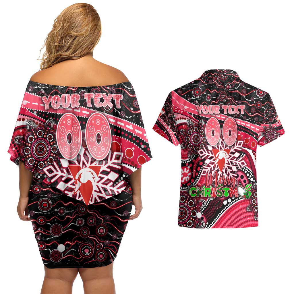 Merry Christmas AFL Swans Couples Matching Off Shoulder Short Dress and Hawaiian Shirt Aboriginal Santa Football Mascot DT02