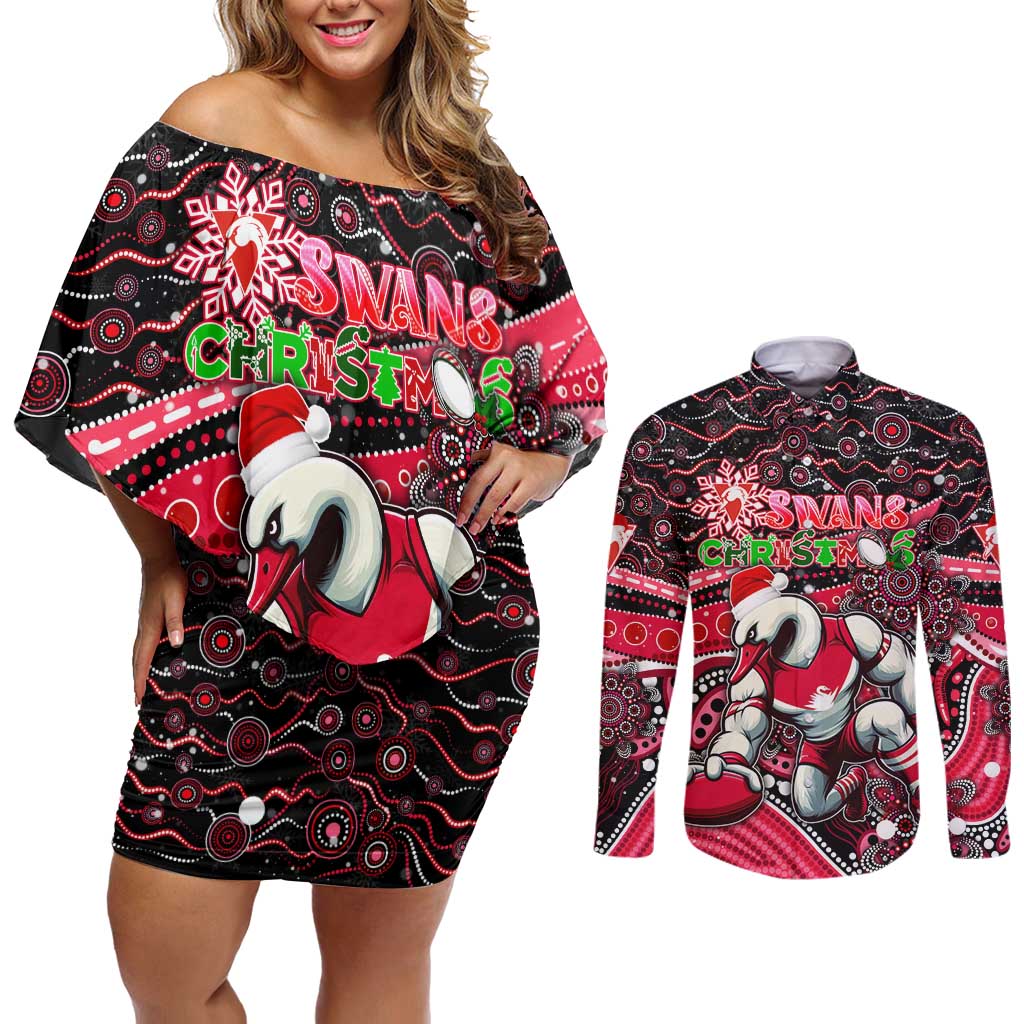 Merry Christmas AFL Swans Couples Matching Off Shoulder Short Dress and Long Sleeve Button Shirt Aboriginal Santa Football Mascot DT02