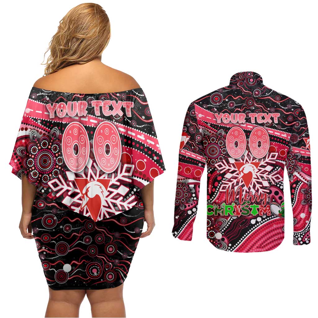 Merry Christmas AFL Swans Couples Matching Off Shoulder Short Dress and Long Sleeve Button Shirt Aboriginal Santa Football Mascot DT02