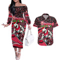 Merry Christmas AFL Swans Couples Matching Off The Shoulder Long Sleeve Dress and Hawaiian Shirt Aboriginal Santa Football Mascot DT02