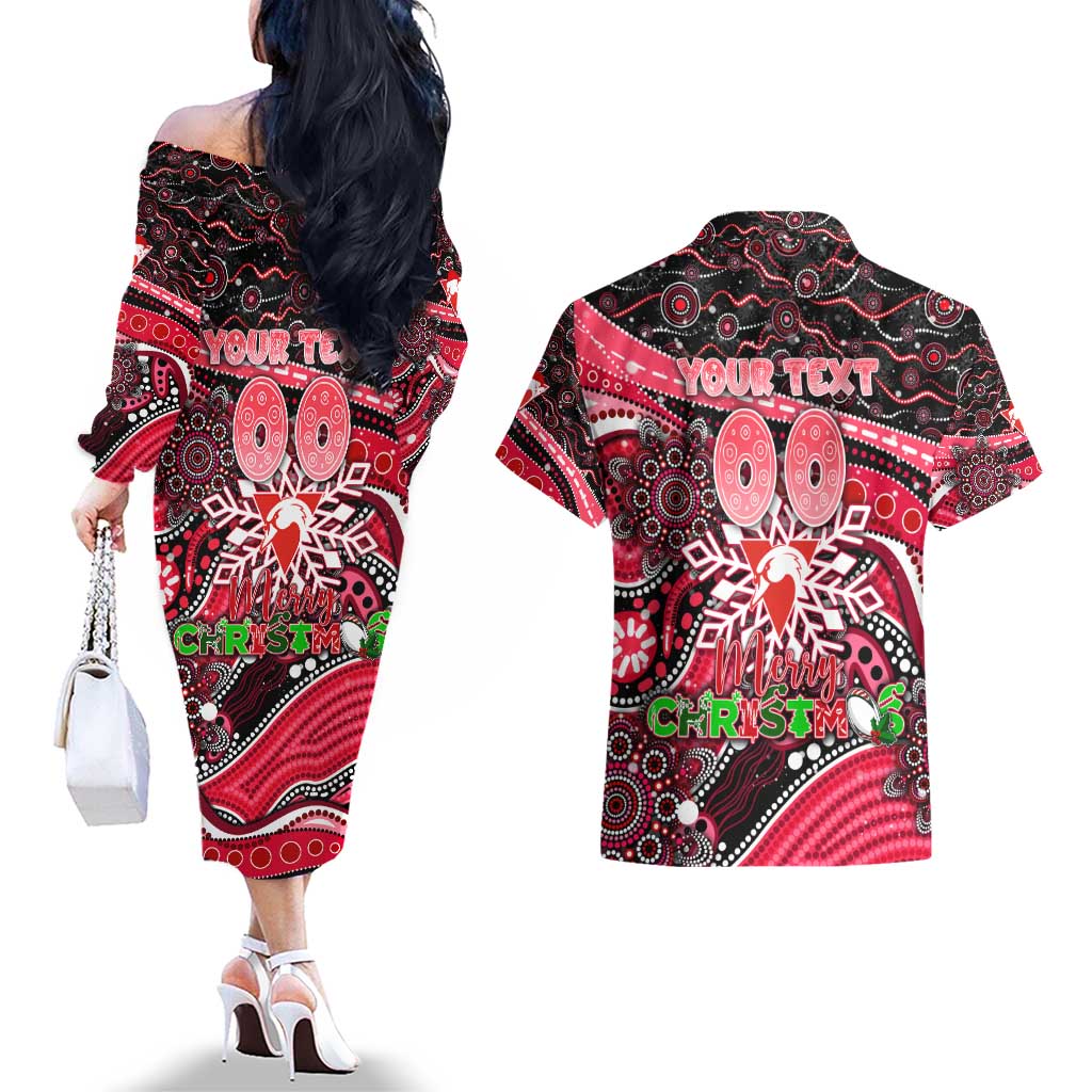 Merry Christmas AFL Swans Couples Matching Off The Shoulder Long Sleeve Dress and Hawaiian Shirt Aboriginal Santa Football Mascot DT02