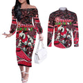 Merry Christmas AFL Swans Couples Matching Off The Shoulder Long Sleeve Dress and Long Sleeve Button Shirt Aboriginal Santa Football Mascot DT02