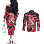 Merry Christmas AFL Swans Couples Matching Off The Shoulder Long Sleeve Dress and Long Sleeve Button Shirt Aboriginal Santa Football Mascot DT02