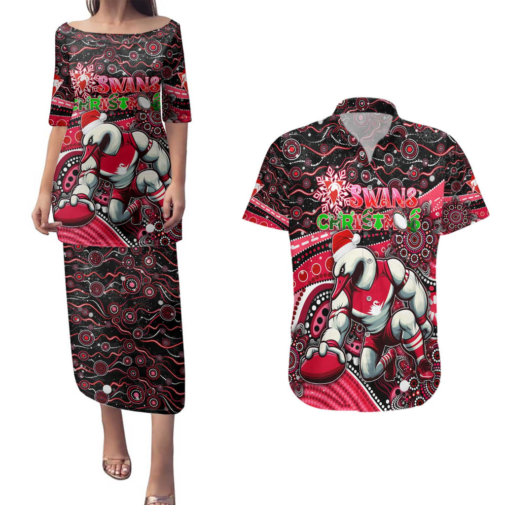 Merry Christmas AFL Swans Couples Matching Puletasi and Hawaiian Shirt Aboriginal Santa Football Mascot DT02