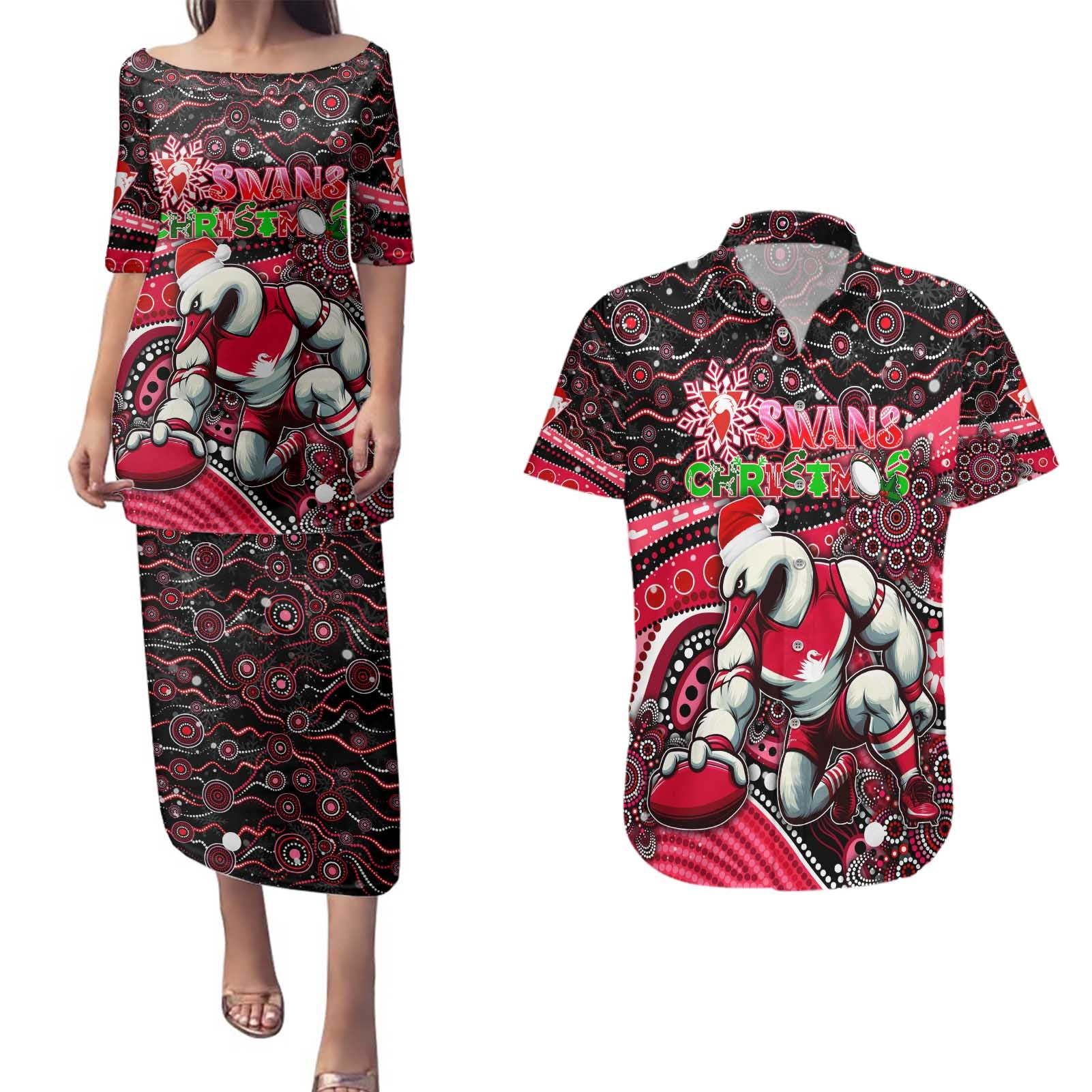 Merry Christmas AFL Swans Couples Matching Puletasi and Hawaiian Shirt Aboriginal Santa Football Mascot DT02