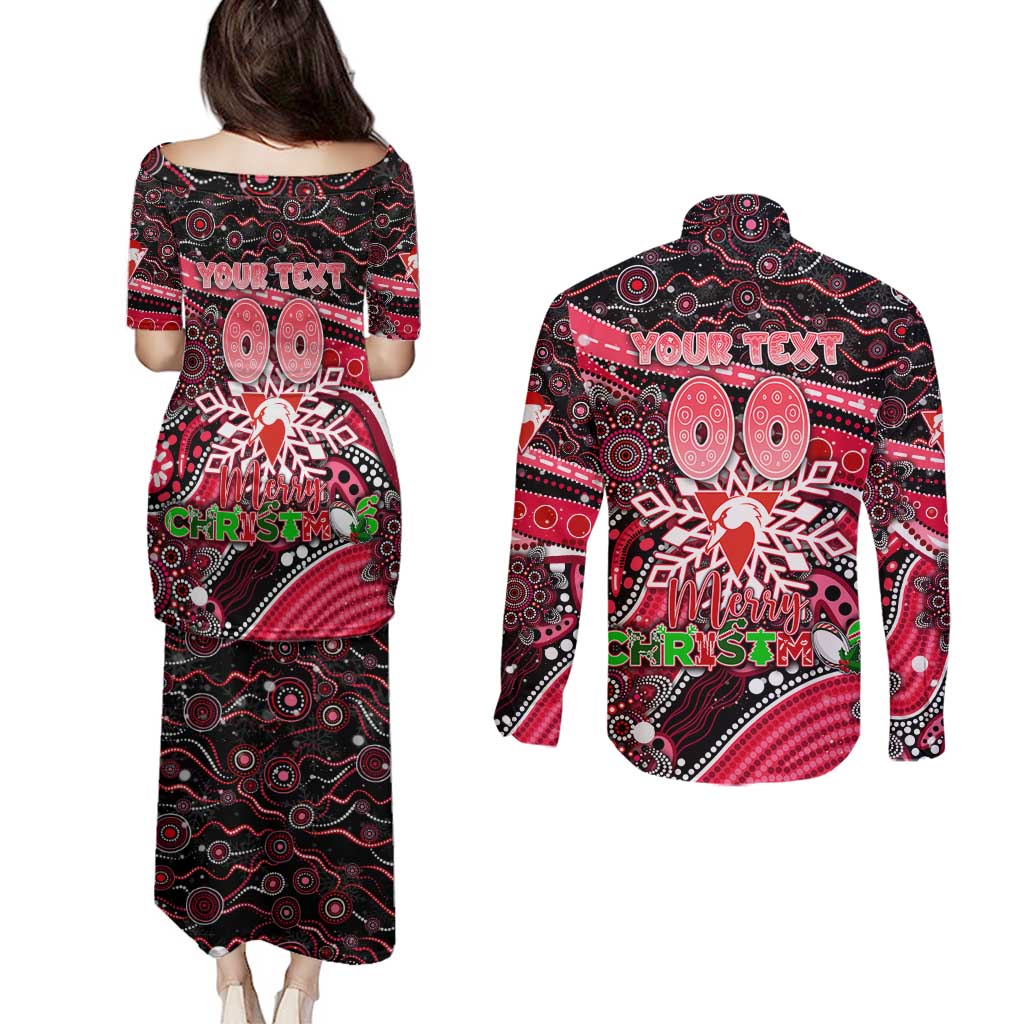 Merry Christmas AFL Swans Couples Matching Puletasi and Long Sleeve Button Shirt Aboriginal Santa Football Mascot DT02