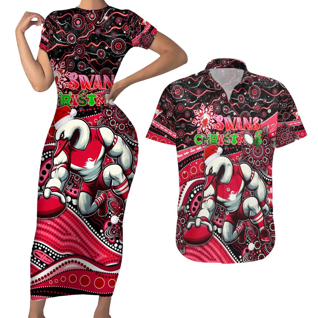 Merry Christmas AFL Swans Couples Matching Short Sleeve Bodycon Dress and Hawaiian Shirt Aboriginal Santa Football Mascot DT02