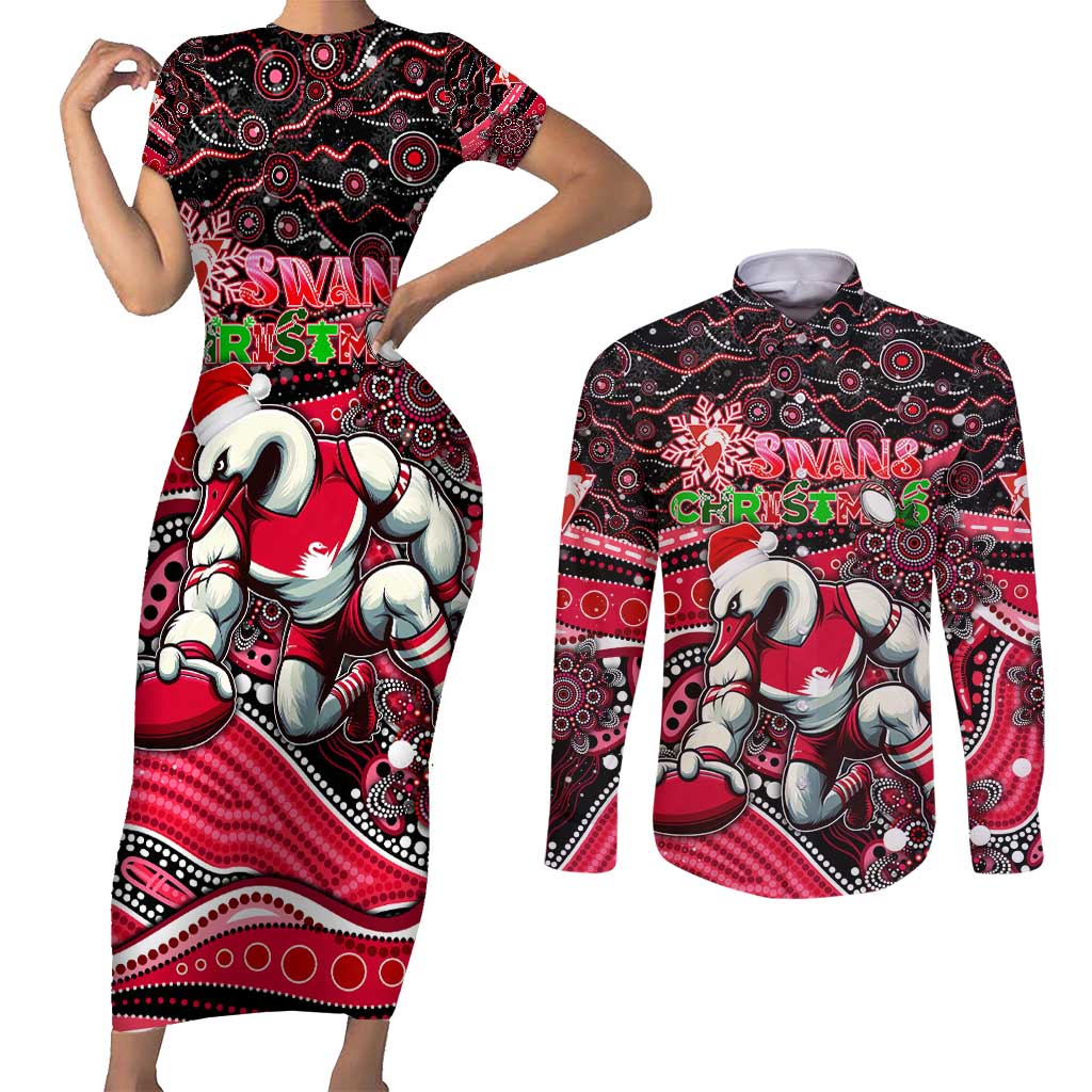 Merry Christmas AFL Swans Couples Matching Short Sleeve Bodycon Dress and Long Sleeve Button Shirt Aboriginal Santa Football Mascot DT02