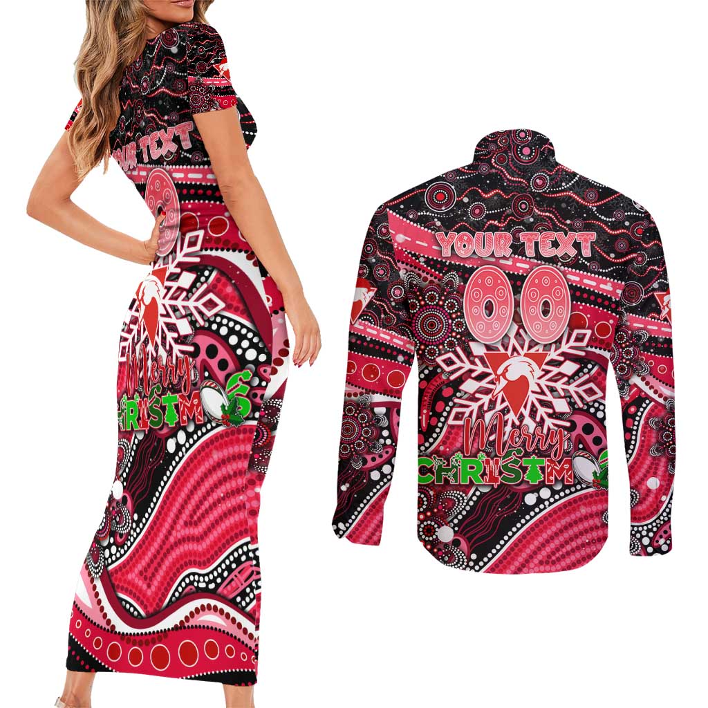 Merry Christmas AFL Swans Couples Matching Short Sleeve Bodycon Dress and Long Sleeve Button Shirt Aboriginal Santa Football Mascot DT02