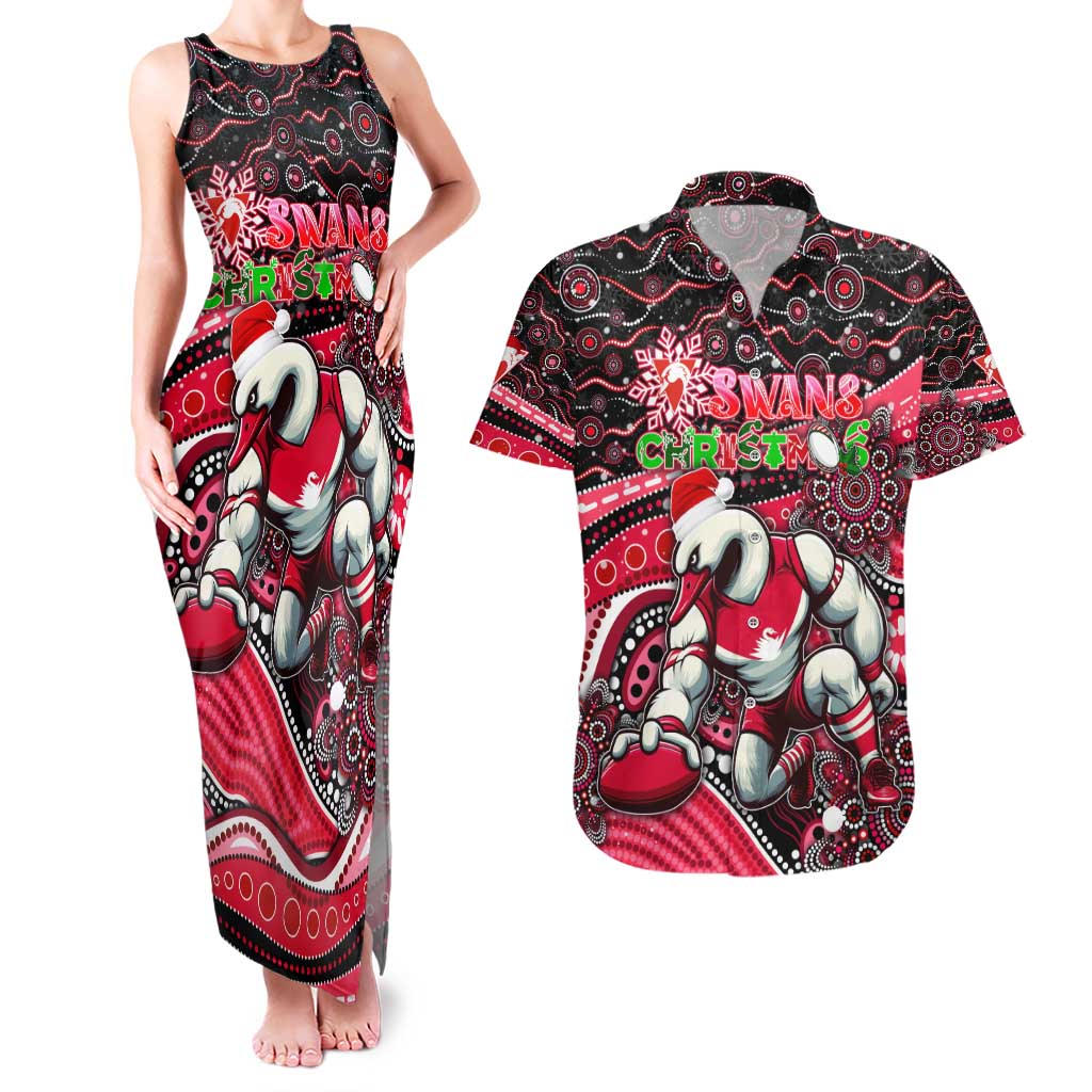 Merry Christmas AFL Swans Couples Matching Tank Maxi Dress and Hawaiian Shirt Aboriginal Santa Football Mascot DT02