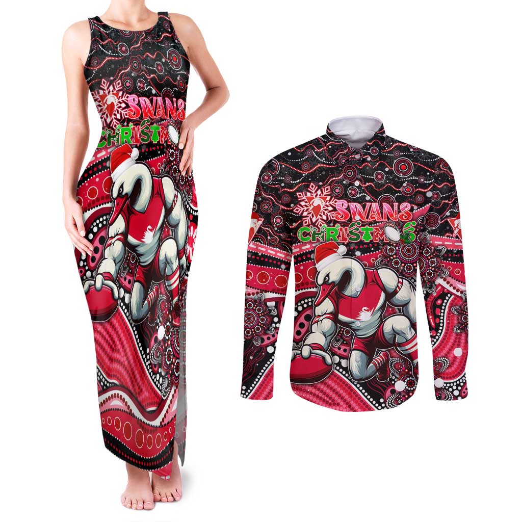 Merry Christmas AFL Swans Couples Matching Tank Maxi Dress and Long Sleeve Button Shirt Aboriginal Santa Football Mascot DT02