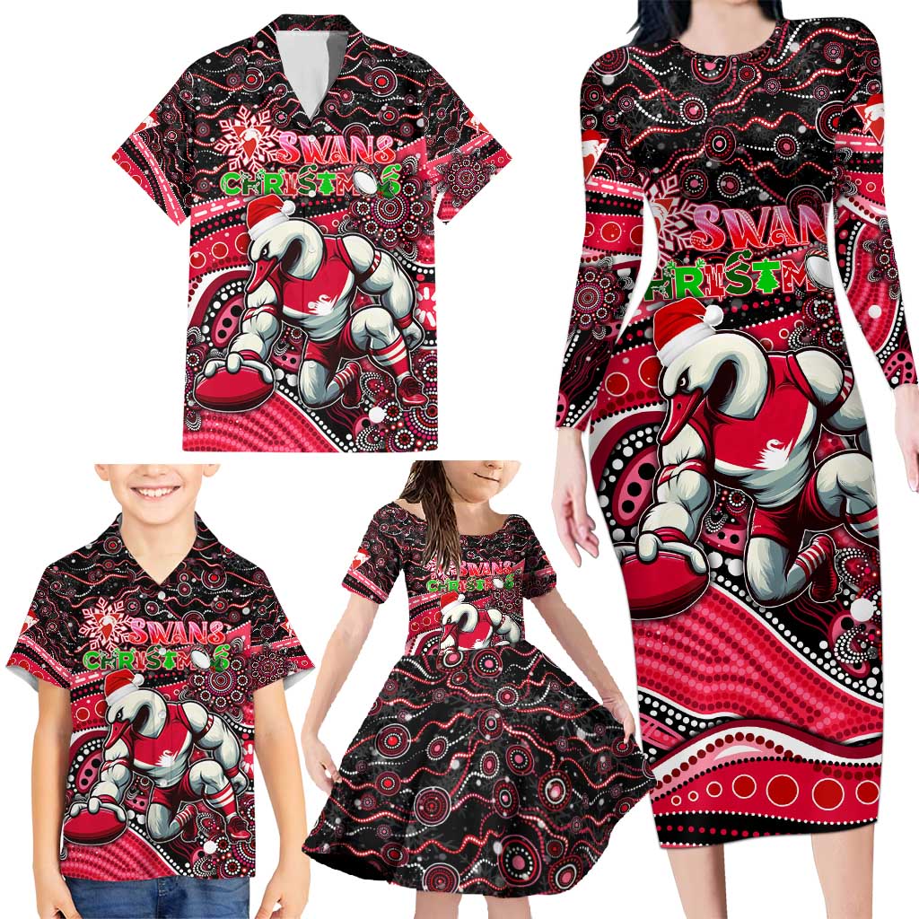 Merry Christmas AFL Swans Family Matching Long Sleeve Bodycon Dress and Hawaiian Shirt Aboriginal Santa Football Mascot DT02