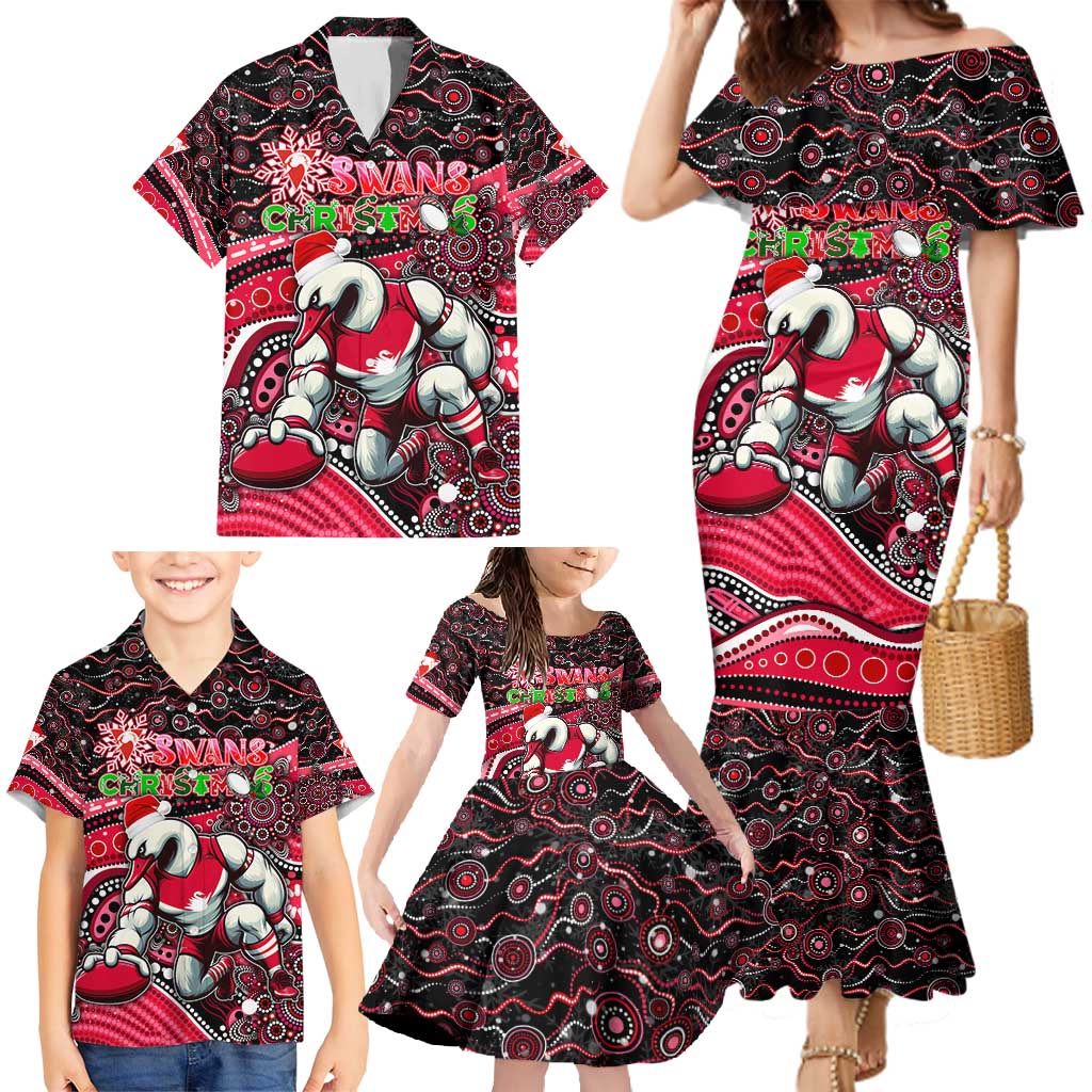 Merry Christmas AFL Swans Family Matching Mermaid Dress and Hawaiian Shirt Aboriginal Santa Football Mascot DT02