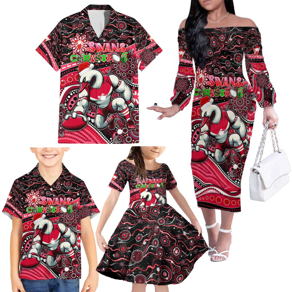 Merry Christmas AFL Swans Family Matching Off The Shoulder Long Sleeve Dress and Hawaiian Shirt Aboriginal Santa Football Mascot DT02