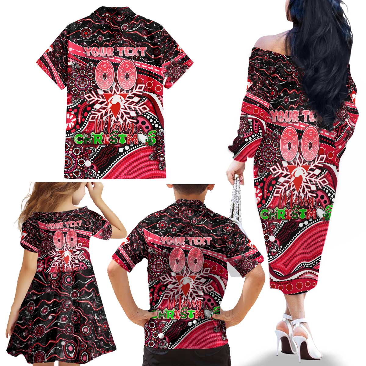 Merry Christmas AFL Swans Family Matching Off The Shoulder Long Sleeve Dress and Hawaiian Shirt Aboriginal Santa Football Mascot DT02