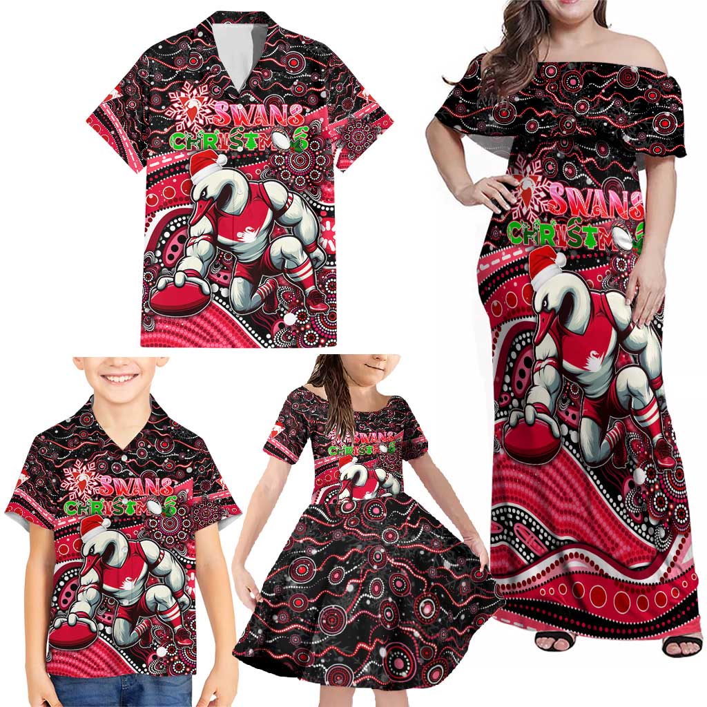 Merry Christmas AFL Swans Family Matching Off Shoulder Maxi Dress and Hawaiian Shirt Aboriginal Santa Football Mascot DT02