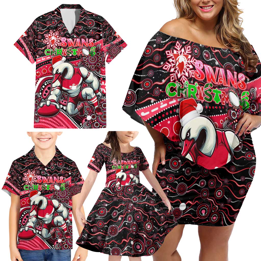 Merry Christmas AFL Swans Family Matching Off Shoulder Short Dress and Hawaiian Shirt Aboriginal Santa Football Mascot DT02