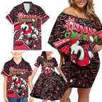 Merry Christmas AFL Swans Family Matching Off Shoulder Short Dress and Hawaiian Shirt Aboriginal Santa Football Mascot DT02