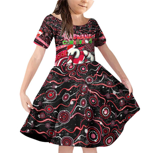 Merry Christmas AFL Swans Family Matching Off Shoulder Short Dress and Hawaiian Shirt Aboriginal Santa Football Mascot DT02