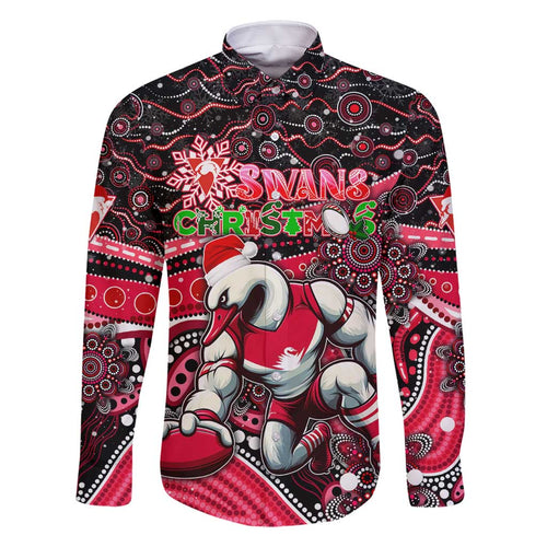 Merry Christmas AFL Swans Family Matching Off Shoulder Short Dress and Hawaiian Shirt Aboriginal Santa Football Mascot DT02