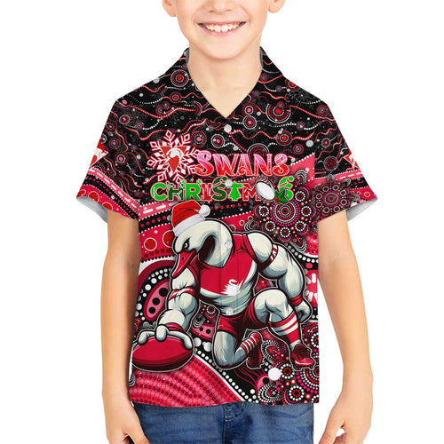 Merry Christmas AFL Swans Family Matching Off Shoulder Short Dress and Hawaiian Shirt Aboriginal Santa Football Mascot DT02
