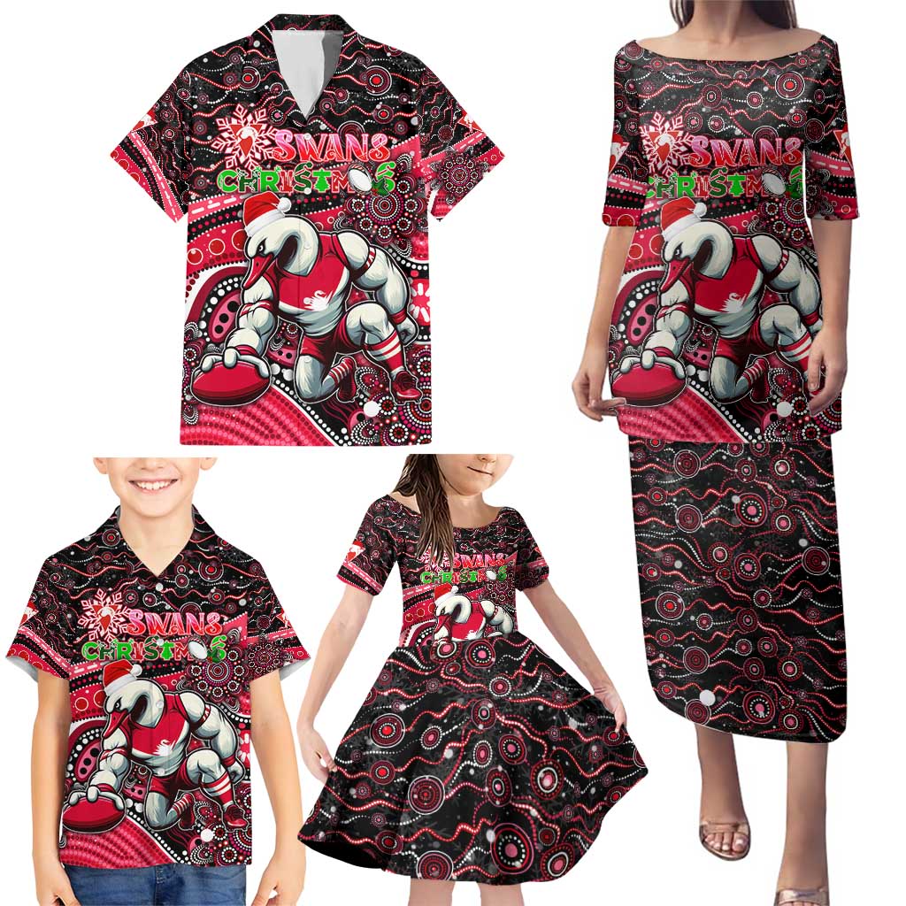 Merry Christmas AFL Swans Family Matching Puletasi and Hawaiian Shirt Aboriginal Santa Football Mascot DT02